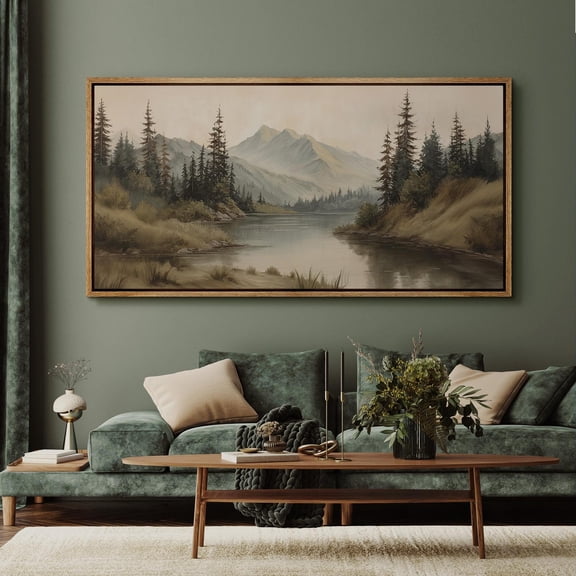 Large Vintage Mountain Landscape Wall Art, Calm Lake Pine Tree Forest Canvas Print, Rustic Nature Decor for Living Room, Unframed Canvas