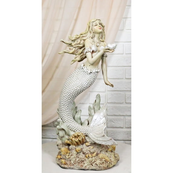 Large Vintage Sea Goddess Mermaid Holding Sconce Standing By Coral Reef Statue