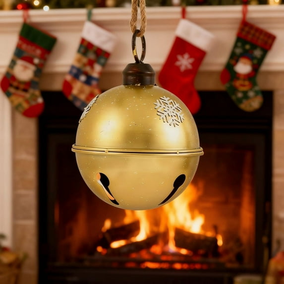 Large Vintage Wrought Iron Jingle Bells - Christmas Decor for Mantels, Front Doors & Trees, Durable Metal, Clear Ringing Sound, Enhances Festive Home & Party Vibe, 6.29*6.29*8.85in, Gold