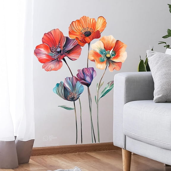 Large Vinyl Floral Wall Decals Peel and Stick Sunset Coral Flower Murals for Girls Bedroom Living Room Pillow