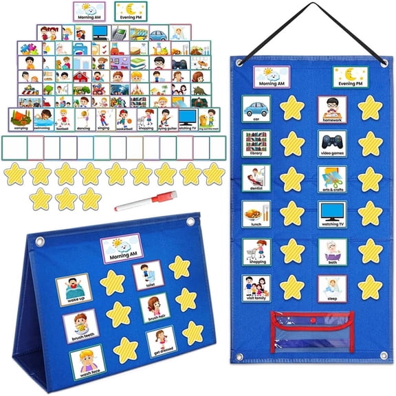 Boczif Large Visual Schedule for Kids Autism 3 In 1 Morning Routine Chore Chart Toddler Daily Calendar for Kids 1 Pocket Wall Chart with 97 Cards, Rewards