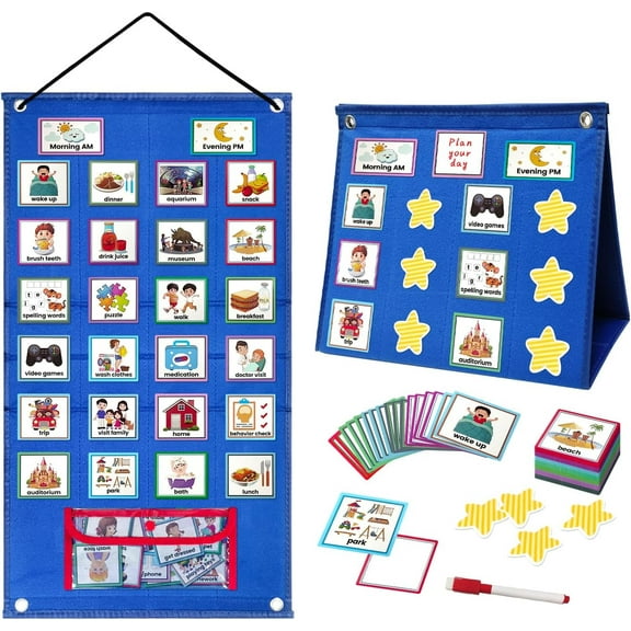 Large Visual Schedule for Kids With Autism, 3 In 1 Morning Routine Chore Chart, 97 Cards Toddler Calendar Pocket Chart with Reward