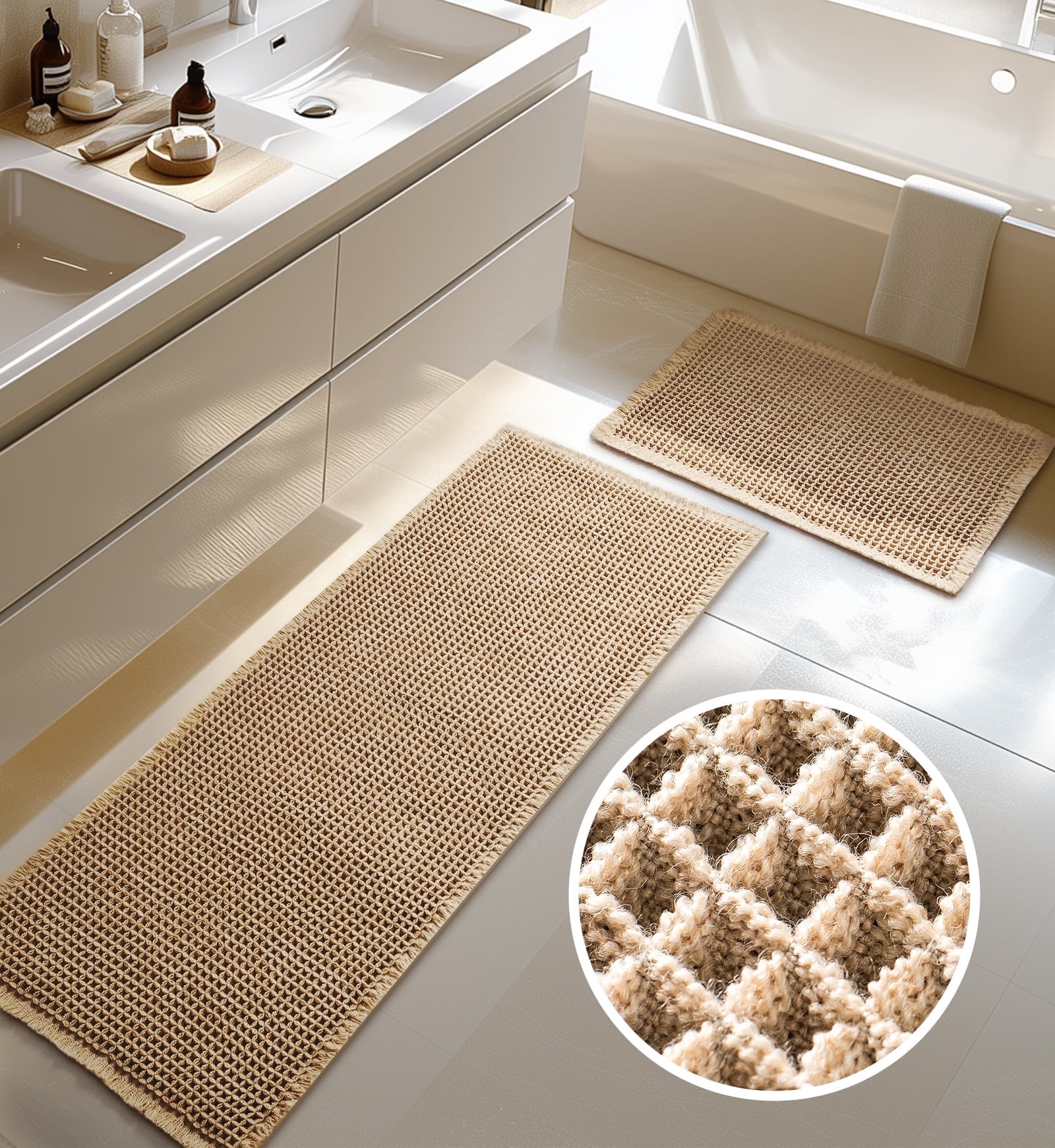 Furicher Waffle Bath Mat Set with Non-Slip Backing, 2 Count(20"×47" and 16"×24")