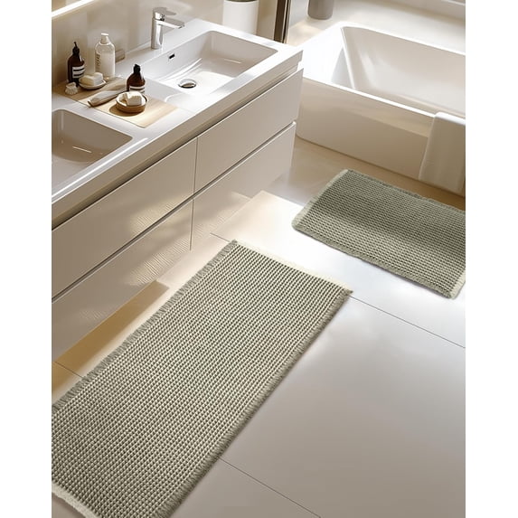 Large Waffle Bath Mat Set Non Slip, Ultra Absorbent Bath Mats for Christmas Bathroom Decor, Extra Soft Floor Bathroom Rugs Sets 2 Piece, Washable Bath Rugs Set, Green & White, 20"×47" and 16"×24"