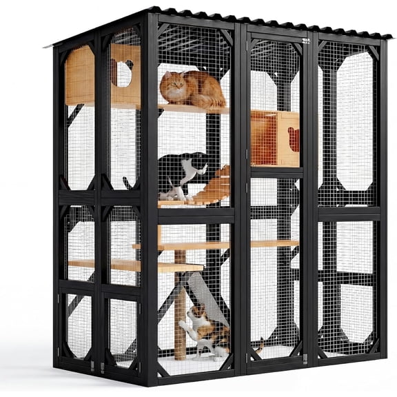 Large Walk In Outdoor Catio Enclosure 70.8 Inch Tall, Weatherproof Cat House with Hammock, Resting Box and Scratching Posts