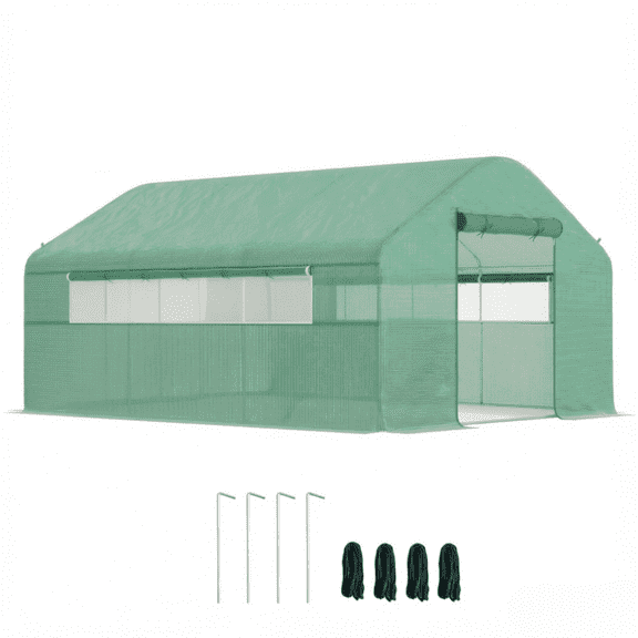 Large Walk-In Tunnel Greenhouse with Roll-Up Door and Mesh Windows, Green