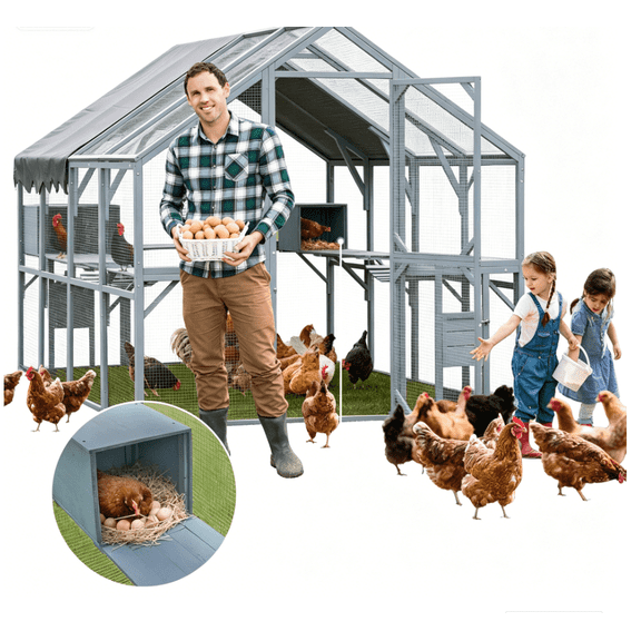 KEESTP Large Walk In Wooden Chicken Coop, Outdoor Chicken House with Nesting Boxes, Waterproof Roof, Run Space for Hens Poultry Backyard Farm