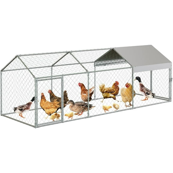 Large Walk-in Metal Chicken Coop, Heavy Duty Galvanized Steel Poultry Cage with Protective Cover, Spacious Chicken Run Pen for 10-12 Hens, Waterproof Outdoor Enclosure for Farm/Yard
