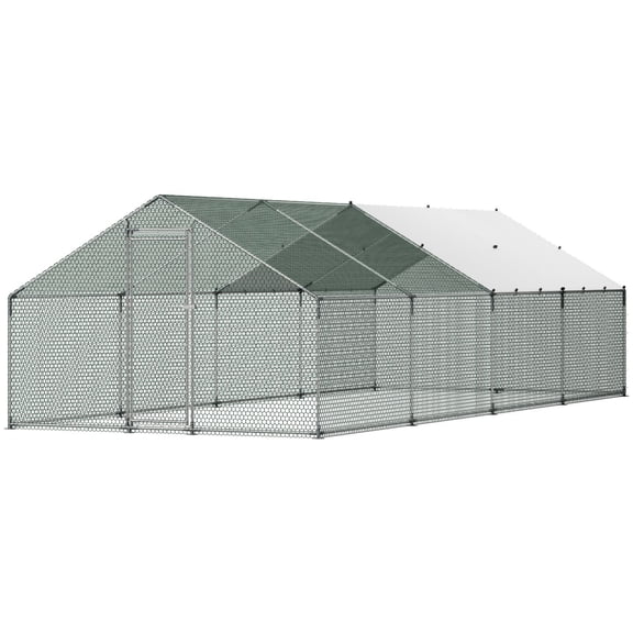 Large Walk-in Metal Chicken Run 9.826.26.6ft, Spire Roof Waterproof Coop with Lock, Outdoor Duck Rabbit Poultry Cage for Yard Farm