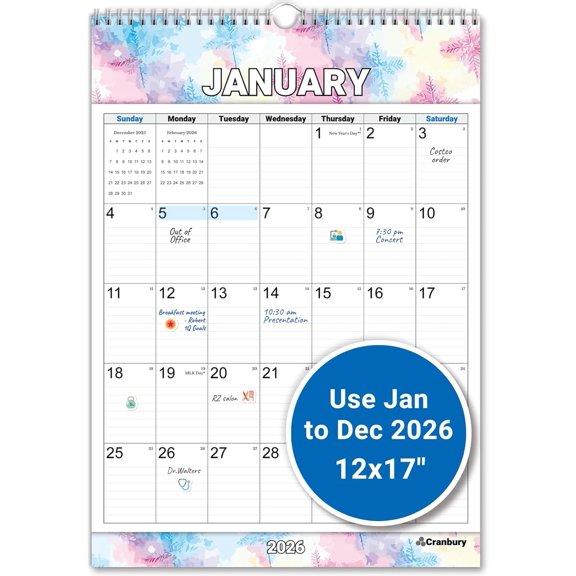 Large Wall 2026, 12x17" Big Grid , January to December Colorful Monthlyl Seasonal Designs, Includes Planner Stickers