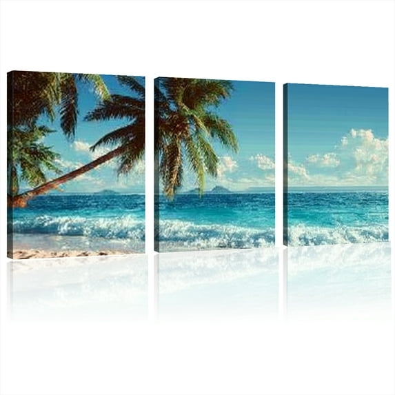 Large Wall Art Ocean Waves Canvas Pictures Coconut Trees Sands Beach Seascape Landscape Modern Summer Sea Nature Canvas Artwork Contemporary Wall Art for Living Room Bedroom Home Wall Decor 12x16x3pcs