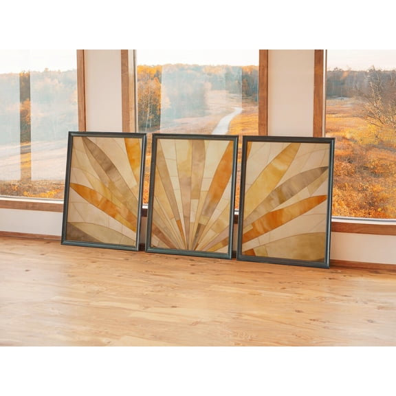 Large Wall Art, Oversized Geometric Sunburst Triptych, Stained Glass Look Prints, Warm Boho Decor Gallery Set for Home, Stretched Canvas
