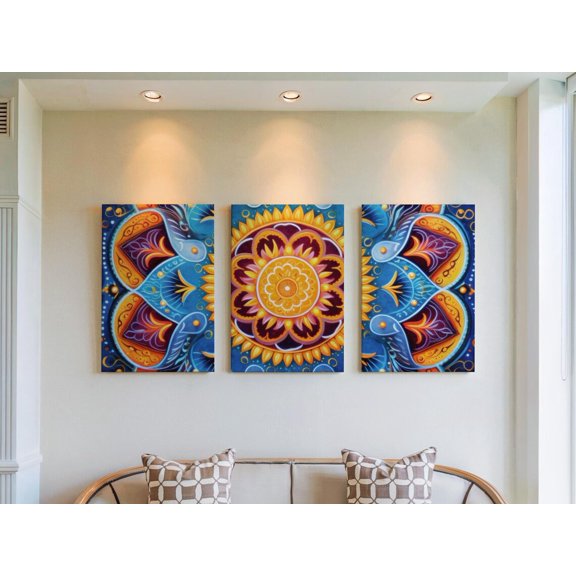 Large Wall Art, Vibrant Indigo & Gold Mandala Triptych, Geometric Floral Decor, Bold Colorful Gallery Set, Poster Only