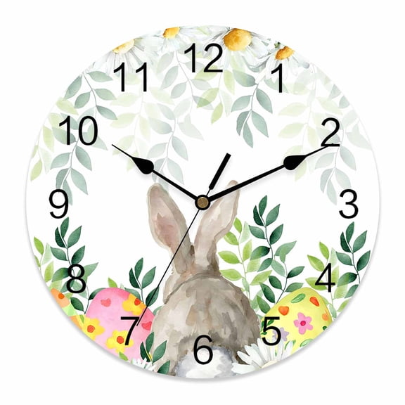 Large Wall Clock 12 Inch Easter Rabbits Round Silent Decorative Wall Clocks Battery Operated for Living Room Bedroom Kitchen Classroom Decor, Spring Rustic Daisy Floral Leaves White