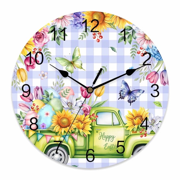 Large Wall Clock 12 Inch Happy Easter Trucks Round Silent Decorative Wall Clocks Battery Operated for Living Room Bedroom Kitchen Classroom Decor, Eggs Flowers Butterflies Purple Plaid