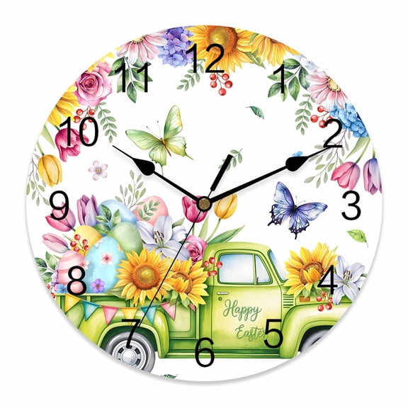 Large Wall Clock 12 Inch Happy Easter Trucks Round Silent Decorative Wall Clocks Battery Operated for Living Room Bedroom Kitchen Classroom Decor, EggsFlowers Butterflies White