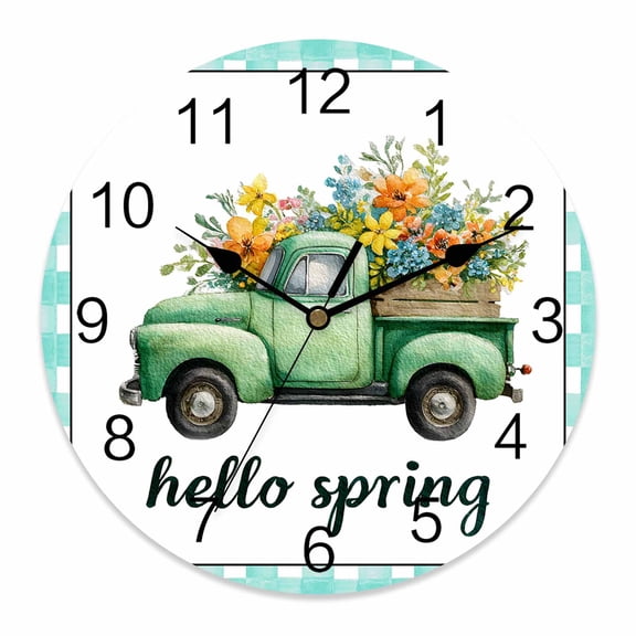 Large Wall Clock 12 Inch Hello Spring Round Silent Decorative Wall Clocks Battery Operated for Living Room Bedroom Kitchen Classroom Decor, Green Watercolor Farm Flowers Truck Blue Plaid