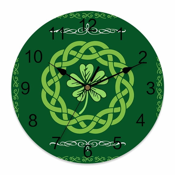 Large Wall Clock 12 Inch St. Patrick's Day Round&nbsp;Silent Decorative Wall Clocks Battery Operated for Living Room Bedroom Kitchen Classroom Decor, Celtic Knots Four Leaf Clovers Forest Green