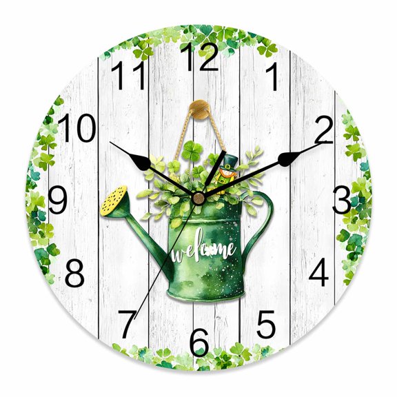 Large Wall Clock 12 Inch Welcome St. Patrick's Day Round Silent Decorative Wall Clocks Battery Operated for Living Room Bedroom Kitchen Classroom Decor, Four Leaf Clovers Kettle Rustic Wood