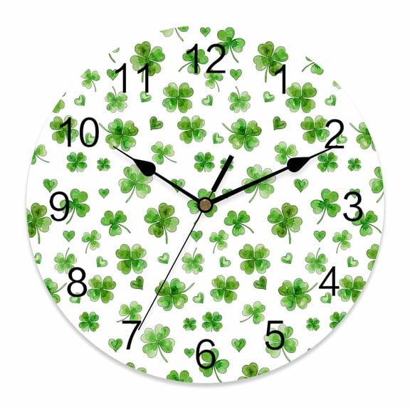 Large Wall Clock 14 Inch Clovers St. Patrick's Day Round Silent Decorative Wall Clocks Battery Operated for Living Room Bedroom Kitchen Classroom Decor, Green Shamrock Pattern White