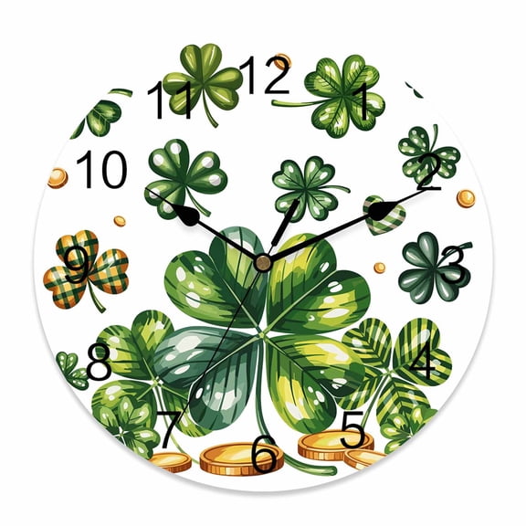 Large Wall Clock 14 Inch Clovers St. Patrick's Day Round&nbsp;Silent Decorative Wall Clocks Battery Operated for Living Room Bedroom Kitchen Classroom Decor, Rustic Green Shamrock Gold Coin