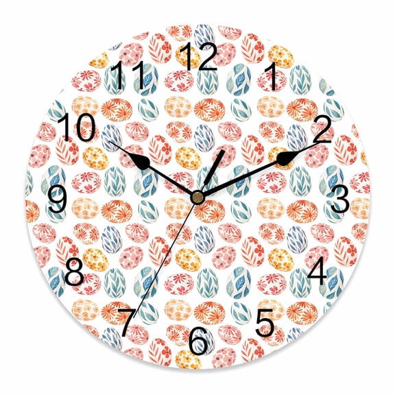 Large Wall Clock 14 Inch Floral Eggs Pattern Easter Round Silent Decorative Wall Clocks Battery Operated for Living Room Bedroom Kitchen Classroom Decor, Watercolor Spring Floral Print