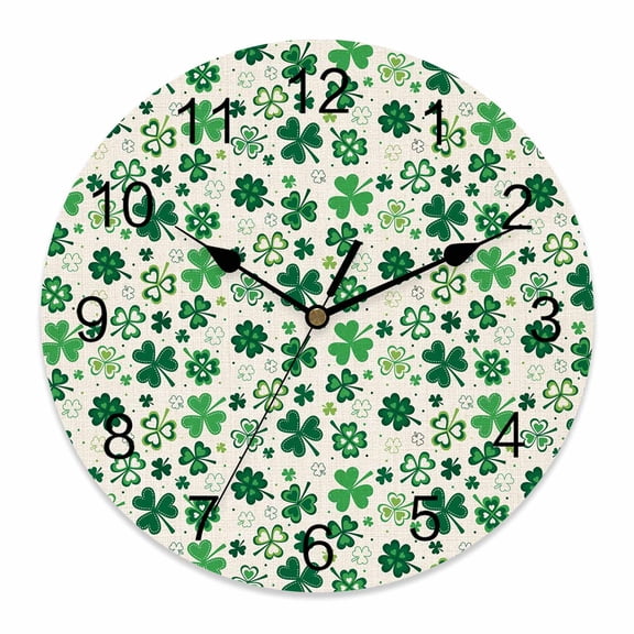 Large Wall Clock 14 Inch Green Clovers St. Patrick's Day Round Silent Decorative Wall Clocks Battery Operated for Living Room Bedroom Kitchen Classroom Decor, Green Shamrocks Retro