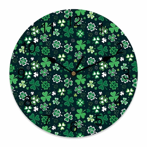 Large Wall Clock 14 Inch Green Clovers St. Patrick's Day Round Silent Decorative Wall Clocks Battery Operated for Living Room Bedroom Kitchen Classroom Decor, Green Shamrocks Black