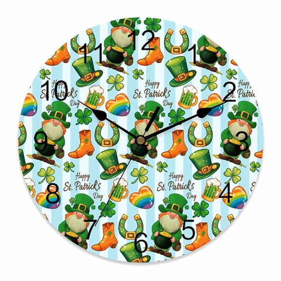 Large Wall Clock 14 Inch St. Patrick's Day Pattern Round Silent Decorative Wall Clocks Battery Operated for Living Room Bedroom Kitchen Classroom Decor, Irish Leprechauns Lucky Clovers
