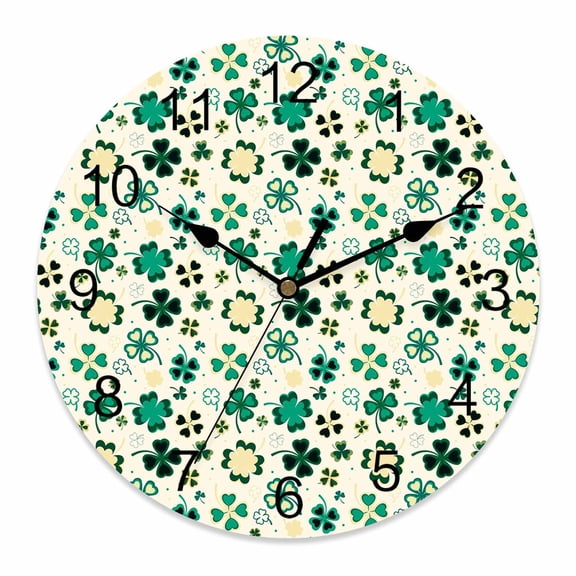 Large Wall Clock 14 Inch St. Patrick's Day Round Silent Decorative Wall Clocks Battery Operated for Living Room Bedroom Kitchen Classroom Decor, Four Leaf Clovers Pattern Yellow Green