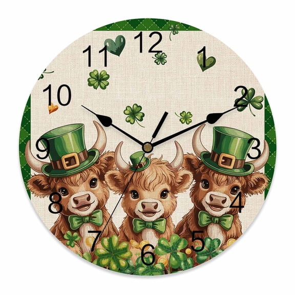 Large Wall Clock 14 Inch St. Patrick's Day Round Silent Decorative Wall Clocks Battery Operated for Living Room Bedroom Kitchen Classroom Decor, Irish Highland Cow Retro Green Shamrocks