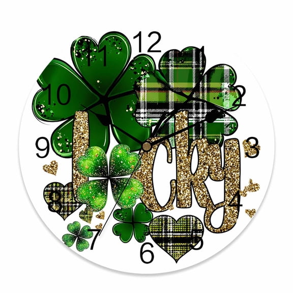 Large Wall Clock 14 Inch St. Patrick's Day Round Silent Decorative Wall Clocks Battery Operated for Living Room Bedroom Kitchen Classroom Decor, Lucky Four Leaf Clovers Gold Green