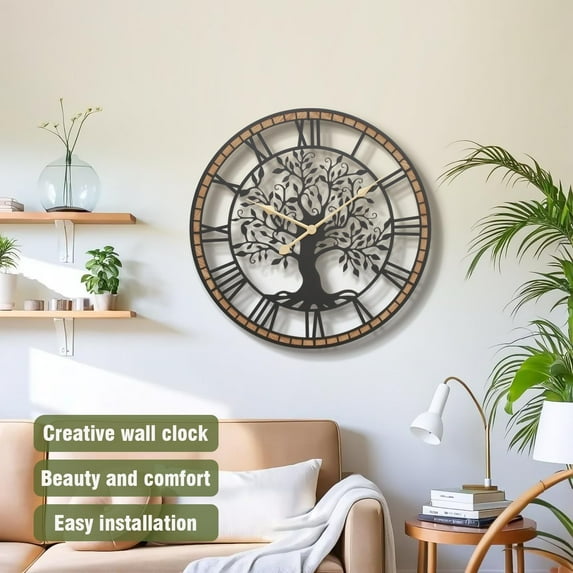 Large Wall Clock 24 Inch Tree of Life Metal Black with Solid Wood Frame - Silent Non-Ticking Battery Operated Home Decor