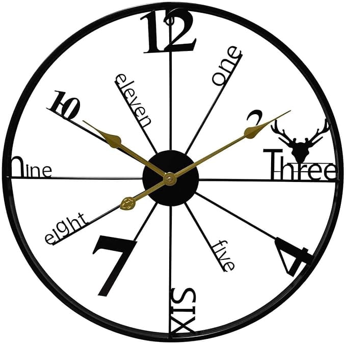 Large Wall Clock,24" Round Oversized Roman Numeral Arabic Numerals Black Metal Clock Home Décor (Black 60 X 60 X 4 cm)