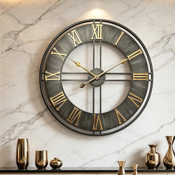 Large Wall Clock,24inch Metal Wall Clocks,Quality Quartz Movement Roman Numerals Clock for Living Room Bedroom Kitchen Decor,Silent Oversize Clock