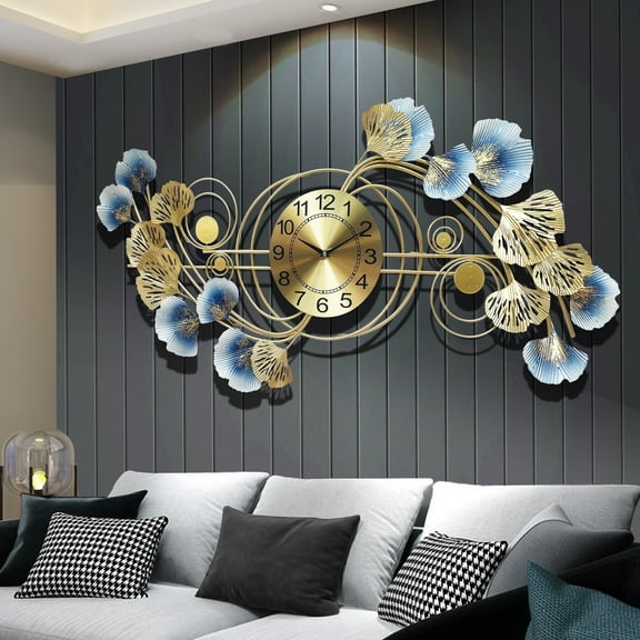 Wall Clocks for Living Room Decor,Large Wall Clock,3D Creative Metal Ginkgo Leaf Design,with Silent Movement Wall Clocks for Home Wall Decor Clock, 17.5 x 33.5 inch