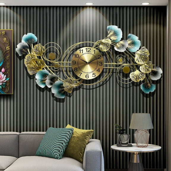 Wall Clocks for Living Room Decor,Large Wall Clock,3D Creative Metal Ginkgo Leaf Design,with Silent Movement Wall Clocks for Home Wall Decor Clock, 17.5 x 33.5 inch