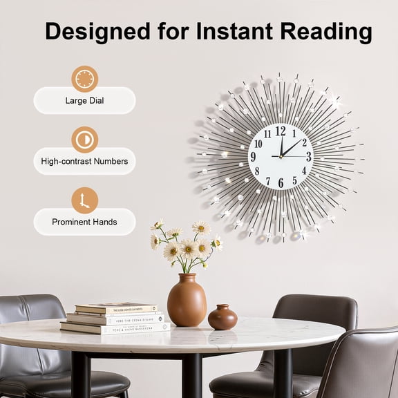 Large Wall Clock for Living Room Decor 23.6 inch Modern Big Crystal Quiet Meta Clock, Art Deco Starburst Wall Clock for Living Room Bedroom Kitchen Decorative