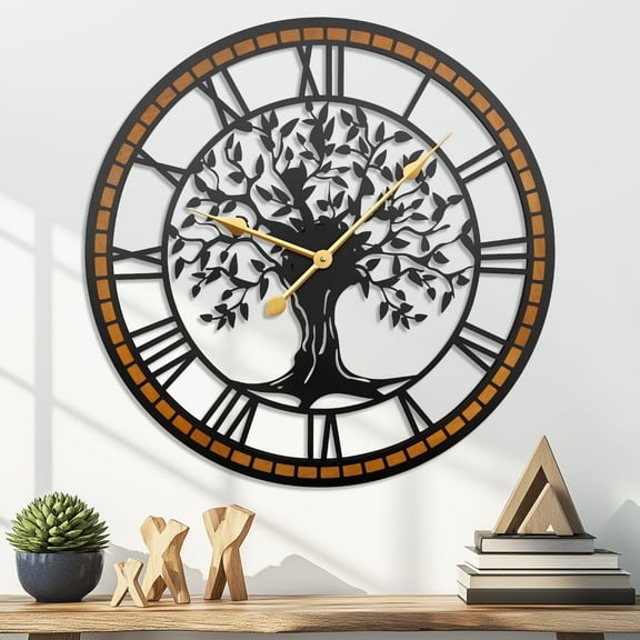 Wall Clock,24inch Large Wall Clock,Silent Tree of Life Wall Clocks for Living Room Decor,Non-Ticking Battery Operated Wall Clock with Wood Frame for Living Room, Kitchen, Bedroom, or Office Wall