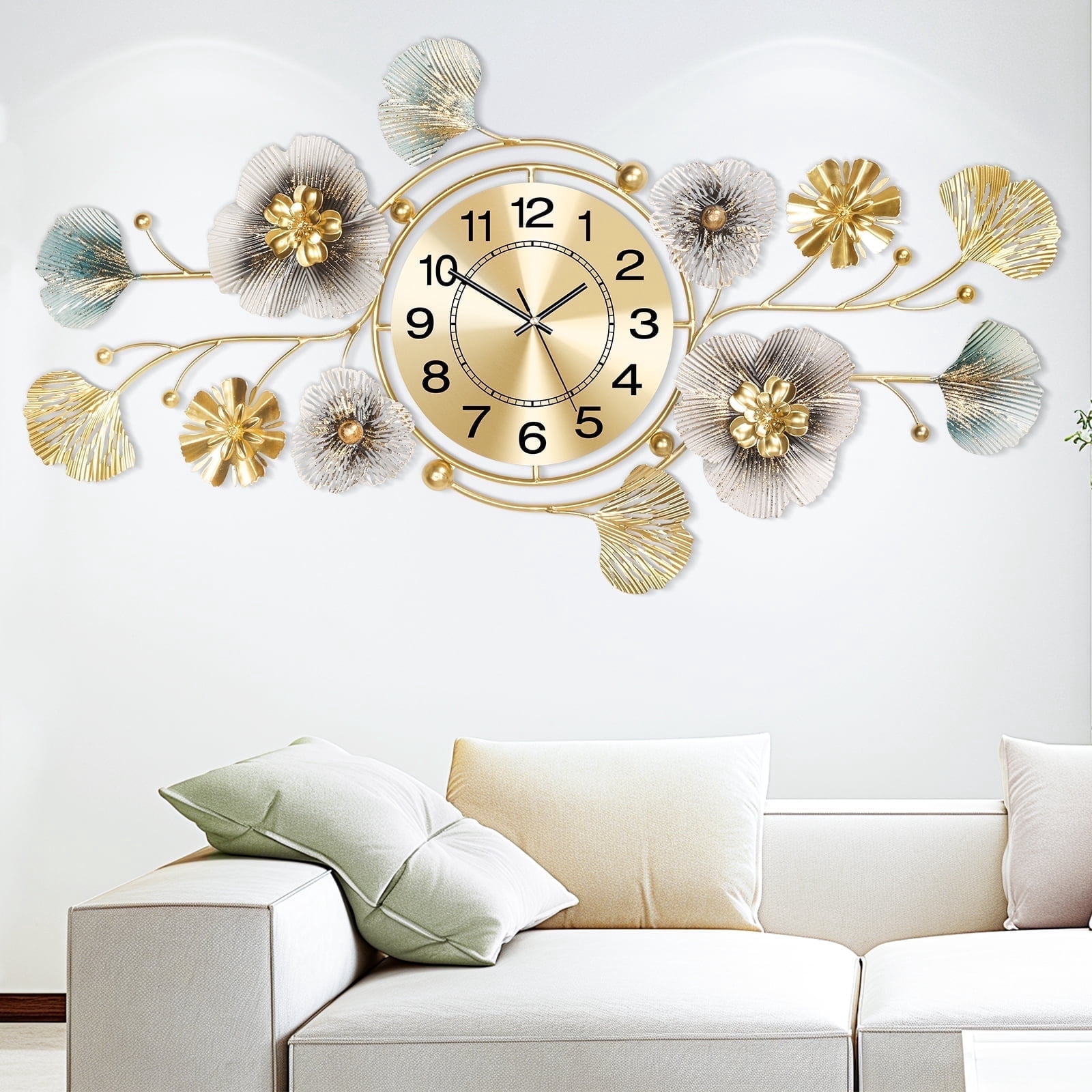 Wall Clock,Large Wall Clock,Silent Wall Clocks Battery Operated, Metal Ginkgo Leaf Design, Can Be Suspended Vertically or Horizontally,for Living Room, Entryway, Office or Bedroom Decor(33''x14'')