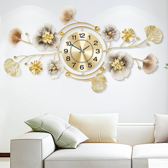 Wall Clock,Large Wall Clock,Silent Wall Clocks Battery Operated, Metal Ginkgo Leaf Design, Can Be Suspended Vertically or Horizontally,for Living Room, Entryway, Office or Bedroom Decor(33''x14'')