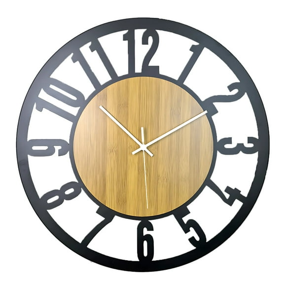 16 Inch Large Wall Clock,Decorative Black Metal Clock with White Hands,Silent Iron and Wood Wall Clock,Modern Wall Decor for Living Room, Kitchen, or Office
