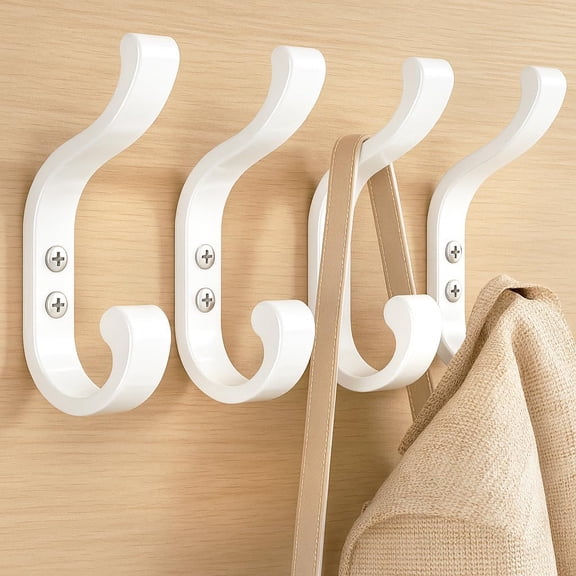 Large Wall Hooks for Hanging Coats - Wall-Mounted Heavy Duty, Holds 30 lbs, Door Hook for Backpacks, Clothes, Towels, Hats, Purses, Screw-in Hooks for Bathroom, Mudroom, Farmhouse (White, 4 Pack)