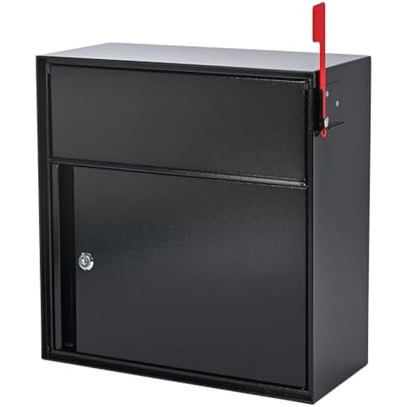 Large Wall Mount Mailbox with Lock and Outgoing Mail Flag for Outside, Steel Locking Security Mail Box with Number Stickers for House Outside, 14.8" x 6.9" x 15.4", Rainproof, Black