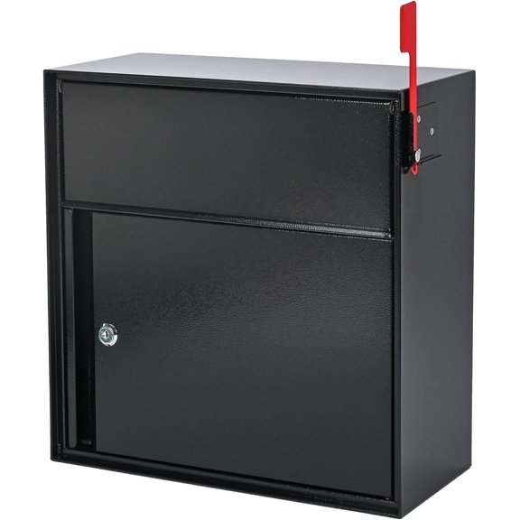 Large Wall Mount Mailbox with Lock and Outgoing Mail Flag for Outside, Steel Locking Security Mail Box with Number Stickers for House Outside, 14.8" x 6.9" x 15.4", Rainproof, Black