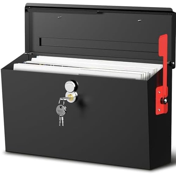 Large Wall Mount Mailbox for Outside with Flag, Locking Mailbox Wall Mounted, Galvanized Steel Rustproof Metal Mailbox, Modern Mail Box for House Outside, Black, 15.9''x9.6''x5.2''