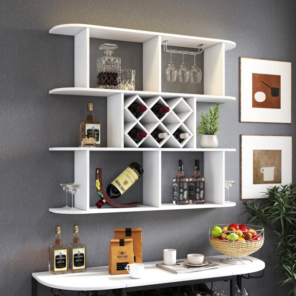 Large Wall Mounted 3 Tier Wine Rack for Home Bar, Multifunctional Wooden Storage Rack with Wine Glass Holder for Dining Room Decor, White Particle Board