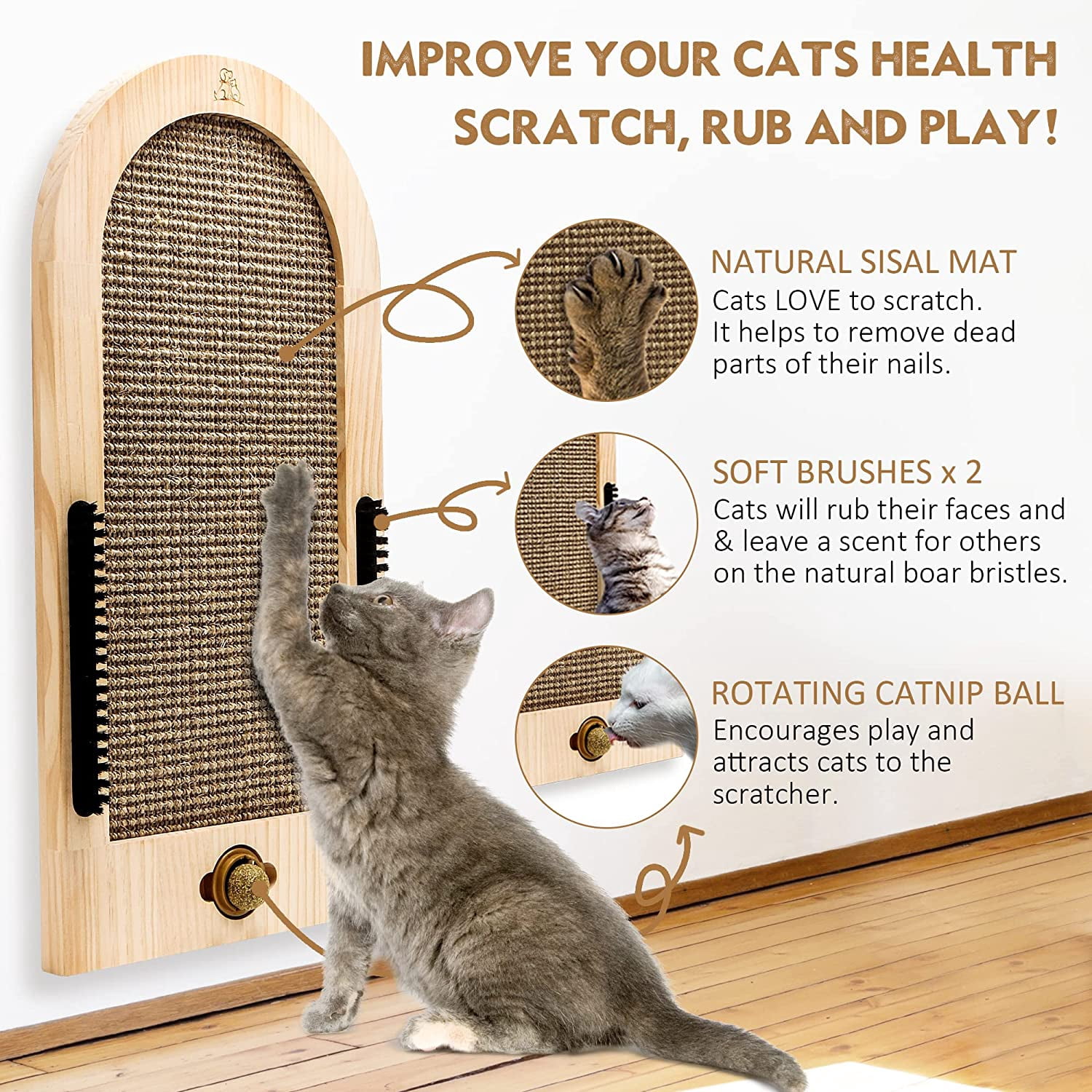Large Wall-Mounted  Scratching Post with Natural Sisal Mat, Boar Bristle Brushes & Catnip Ball for Indoor Cats