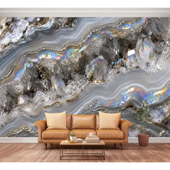 Large Wall Mural Abstract Gray Crystals Marble Peel and Stick Wallpaper Modern Rainbow Hues Crystals Patterns Removable Self-Adhesive Vinyl Wall Decor for Living Room Bedroom Nursery 100"x144"