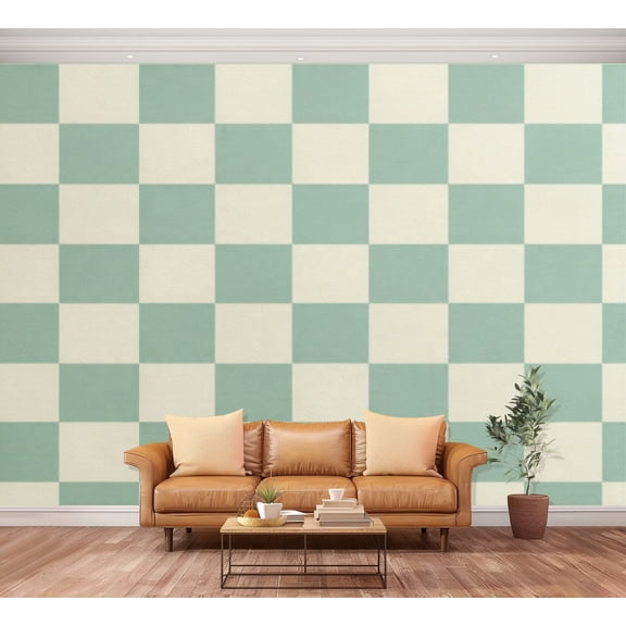 Large Wall Mural Minimal Green Beige Checkered Peel and Stick Wallpaper Modern Soft Green Checkered Removable Self-Adhesive Vinyl Wall Decor for Living Room Bedroom Nursery 100"x144"